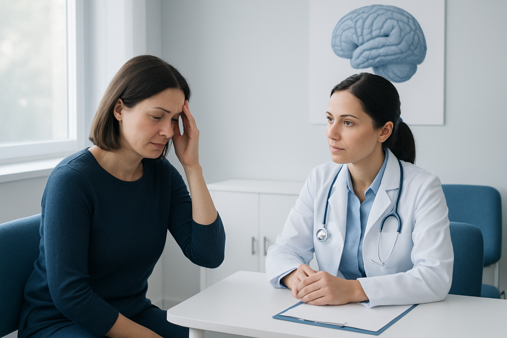 Doctor consulting with patient about headache symptoms in clinic.