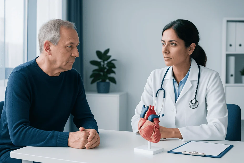 Cardiologist explaining atrial septal defect to an older male patient.