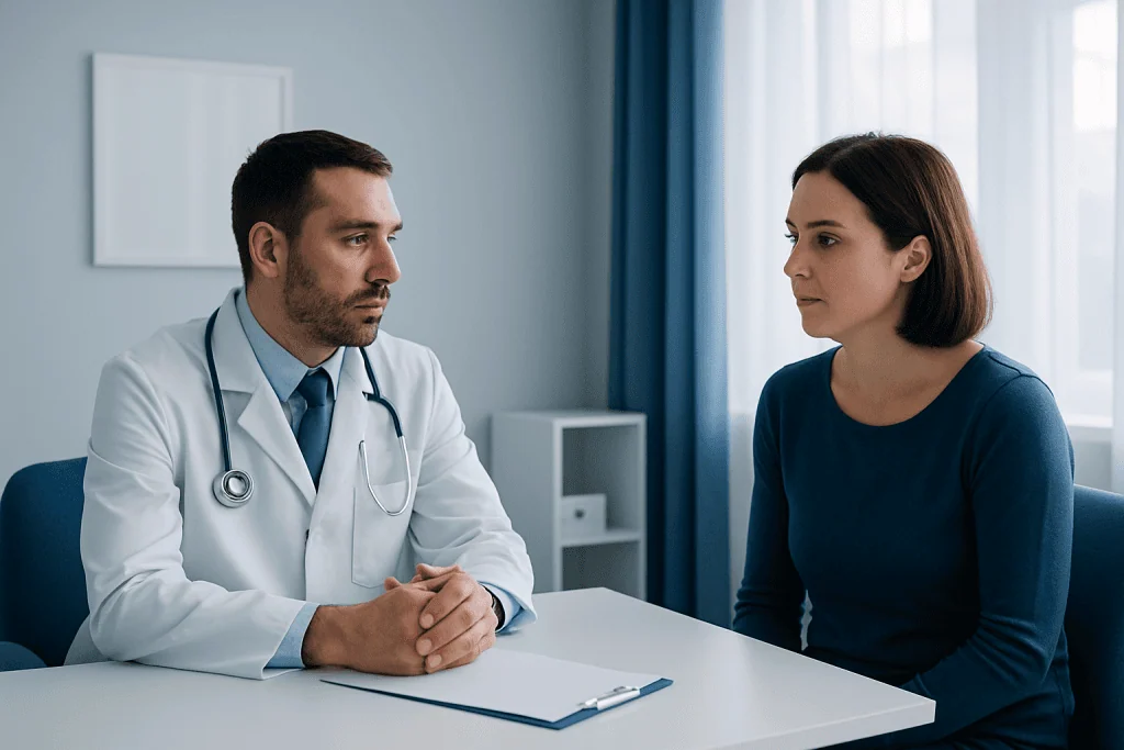 Doctor consulting with a female patient in a medical office.