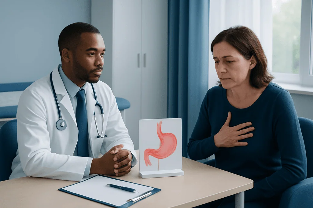 Doctor explaining achalasia to a patient with esophageal diagram.