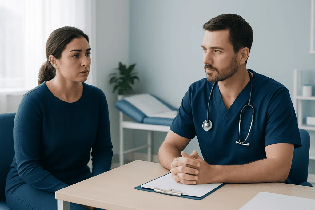 Doctor consulting with a female patient in a medical office.