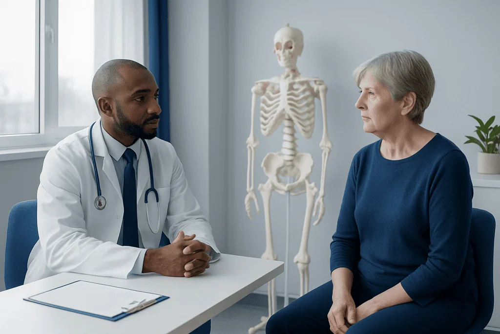 Doctor consulting with an elderly woman in a medical office with a skeleton model.