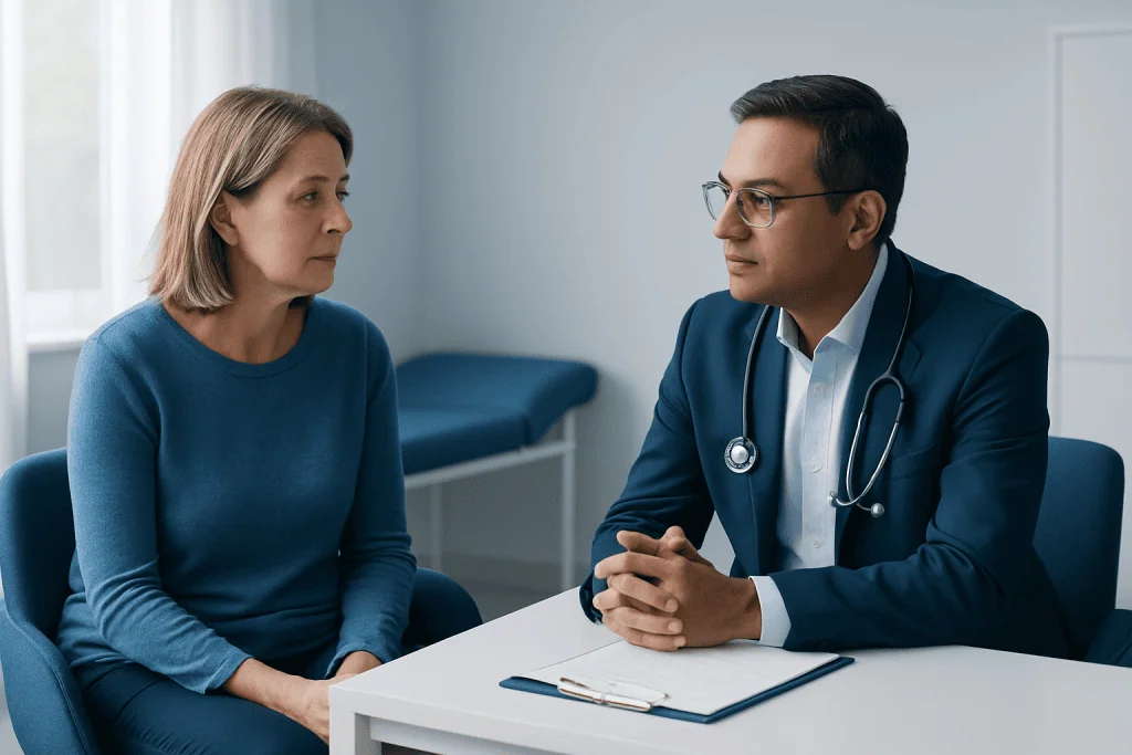 Doctor consulting with a female patient in a medical office.