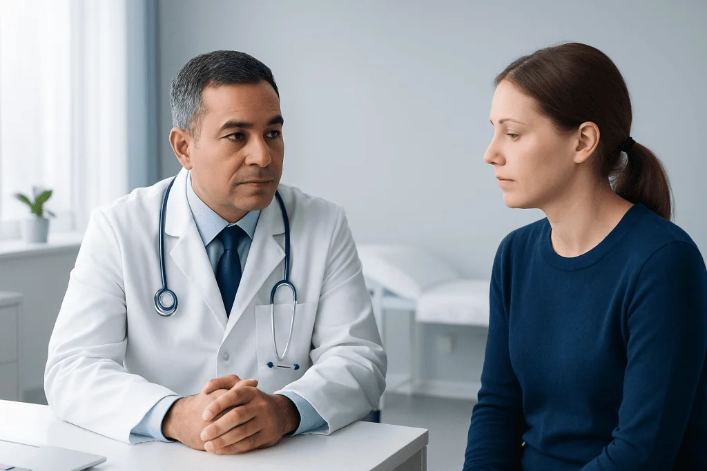 Doctor consulting with a young female patient in a medical office.