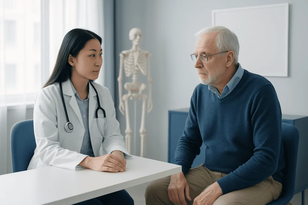 Doctor consulting with elderly patient in medical office.