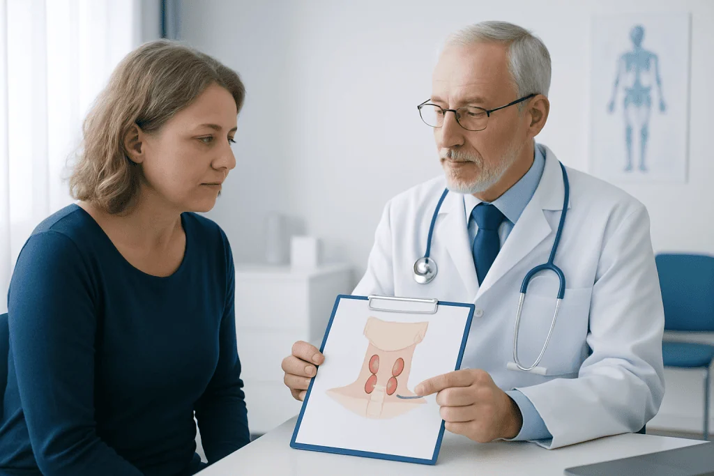 Doctor explaining prostate diagram to patient in consultation room.