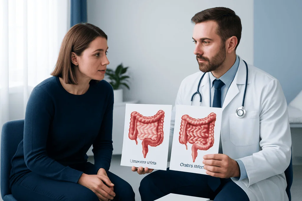Doctor explaining ulcerative colitis and Crohn's disease to patient with diagrams.