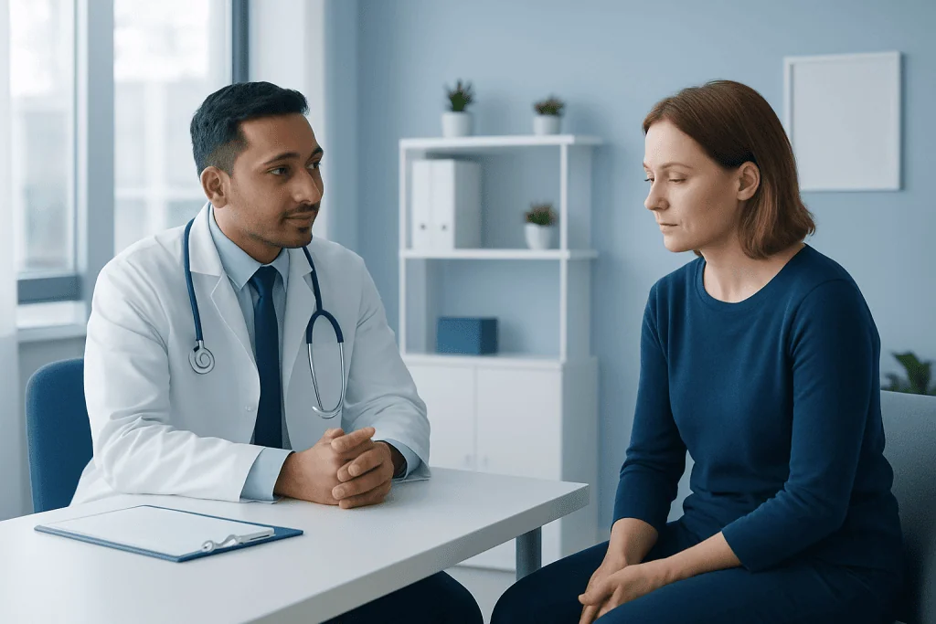 Doctor consulting a patient in a modern medical office.