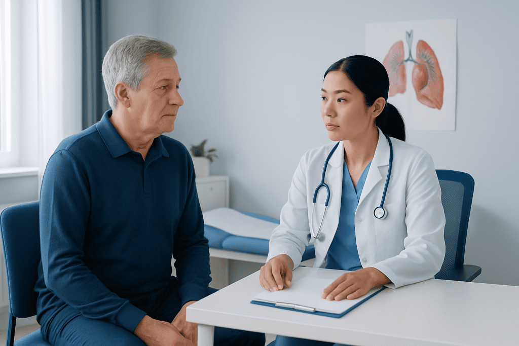 Doctor consulting with an elderly male patient in a medical office.