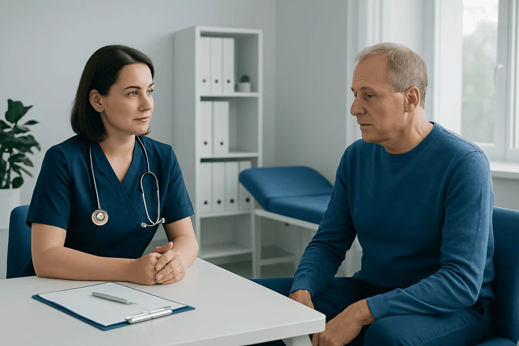 Doctor consulting with a male patient in a medical office setting.