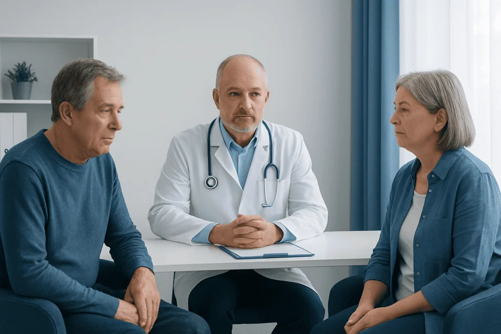 Doctor consulting with elderly couple in a medical office.