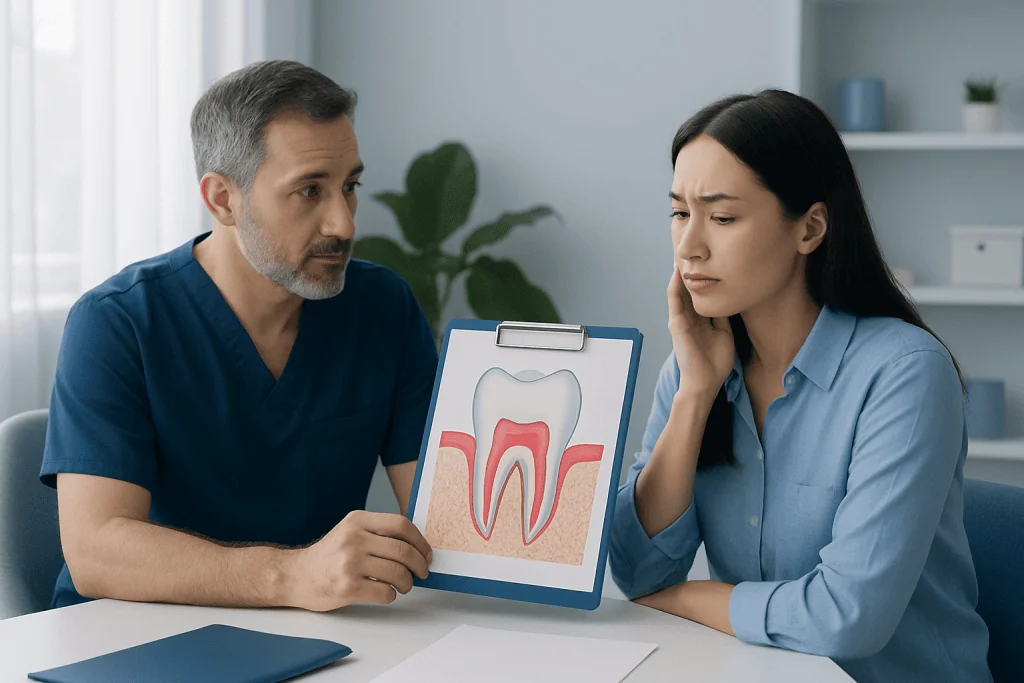 Dentist explaining gum health to patient with tooth diagram.