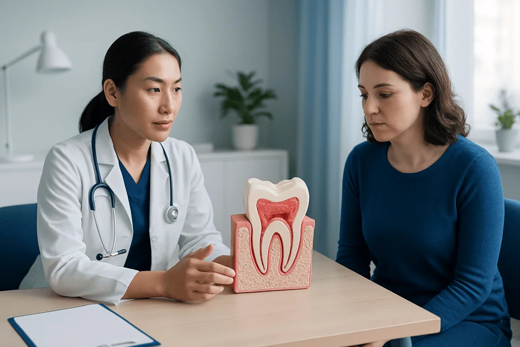 Dentist explaining gum disease to patient with dental model.