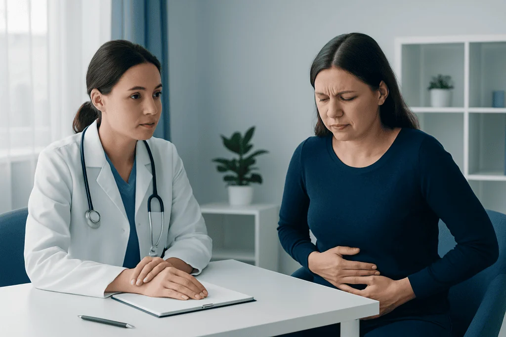 Doctor consulting a patient with stomach pain in a modern clinic.