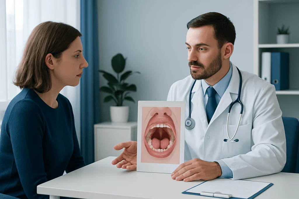 Doctor explaining throat health with a visual aid to a patient.