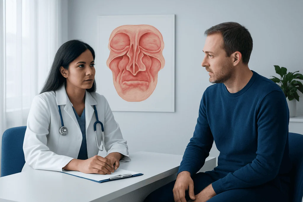 Doctor consulting patient about nasal health and polyps.