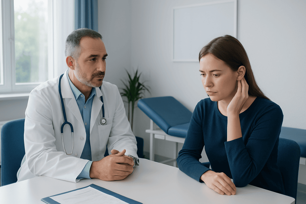 Doctor consulting with a young woman in a medical office.