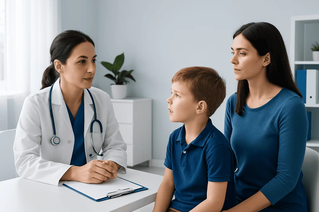 Doctor consulting with a mother and child about adenoid enlargement in children.