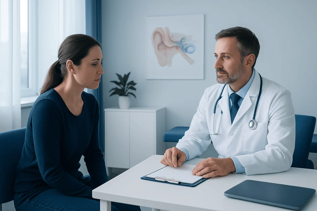 Doctor consulting with a patient about ear health in a clinic setting.