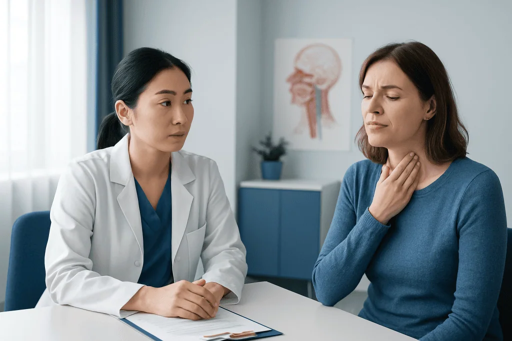 Doctor consulting a patient with sore throat in a medical office.
