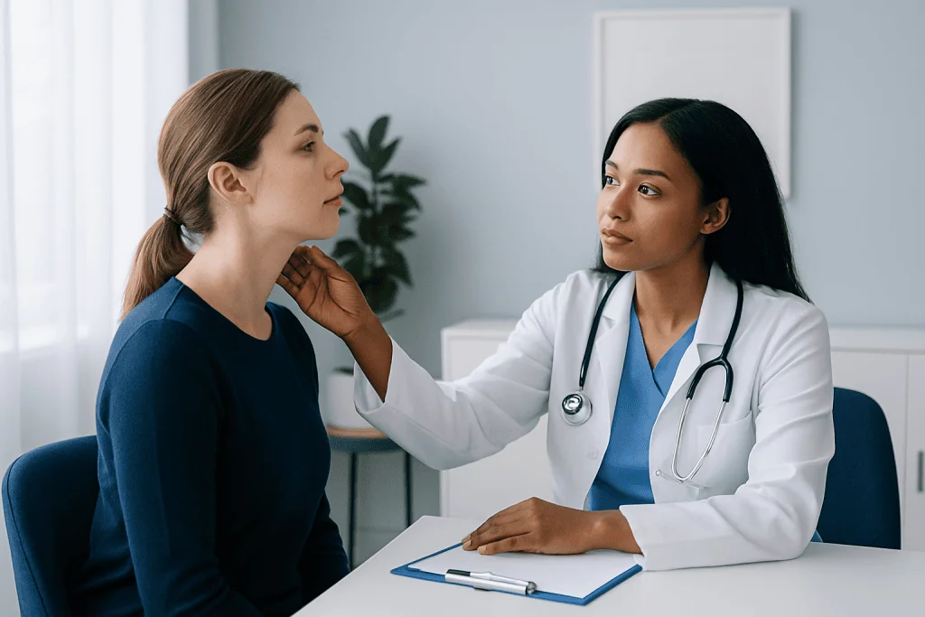 Doctor examining a patient in a clinical consultation room.