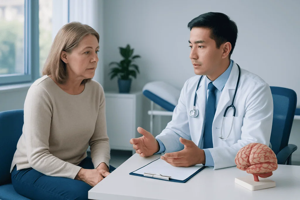 Doctor consulting with an elderly woman about brain health and symptoms.