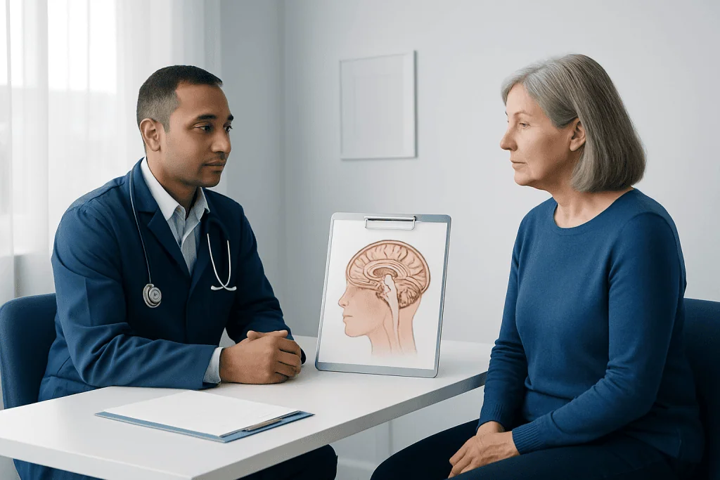 Doctor explaining brain diagram to a patient in a consultation room.