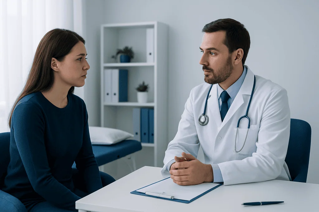 Doctor consulting with a female patient in a medical office.