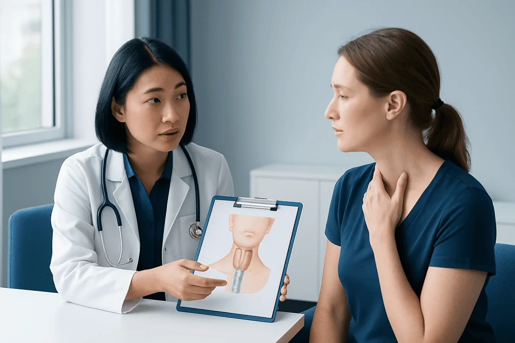 Doctor explaining thyroid health to a patient in a medical consultation.