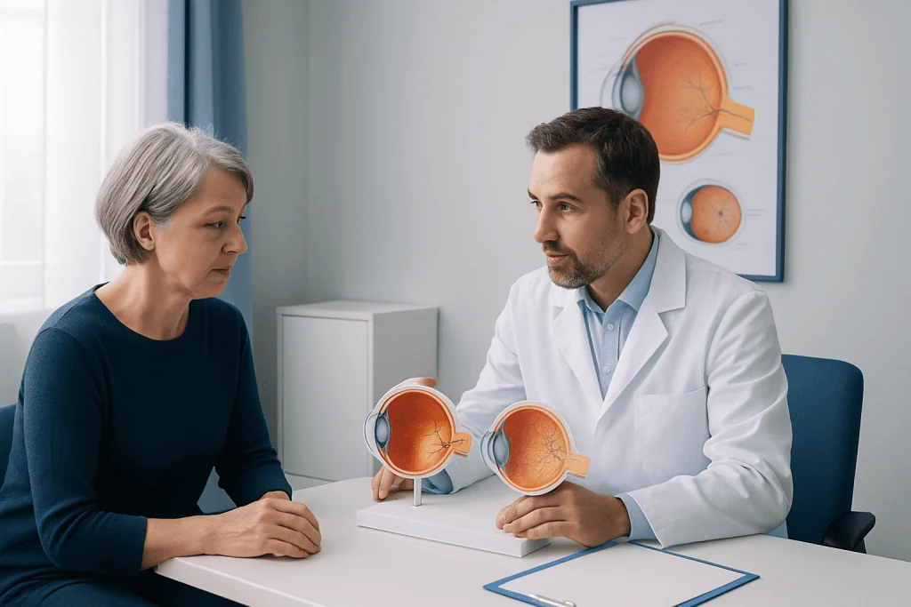 Ophthalmologist explaining macular degeneration to a patient with eye models.