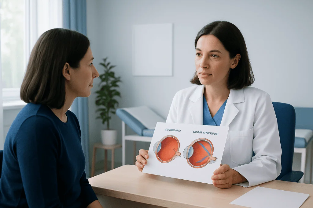 Ophthalmologist explains retinal diagrams to patient in consultation room.