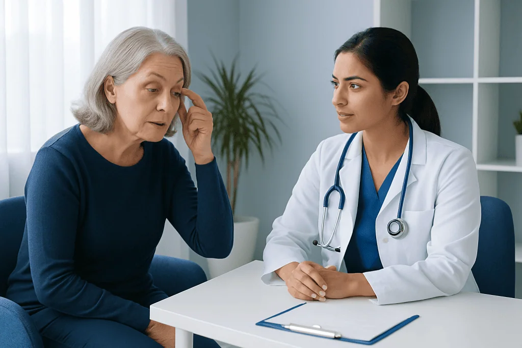 Doctor consulting with elderly woman about ptosis surgery options.