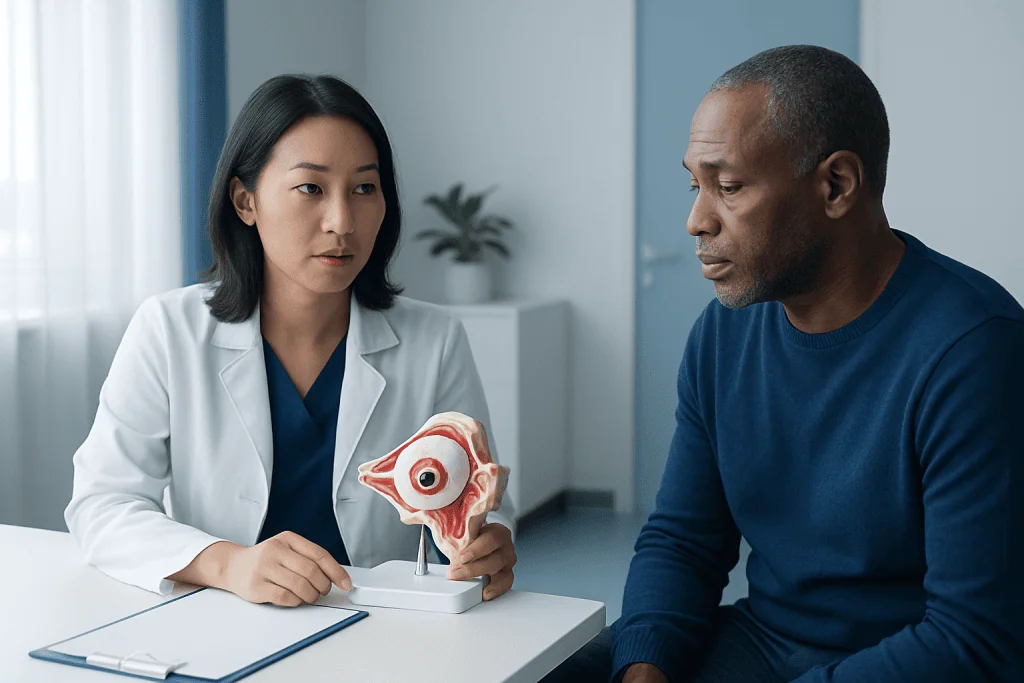 Ophthalmologist explaining eye anatomy to patient with model in clinic.