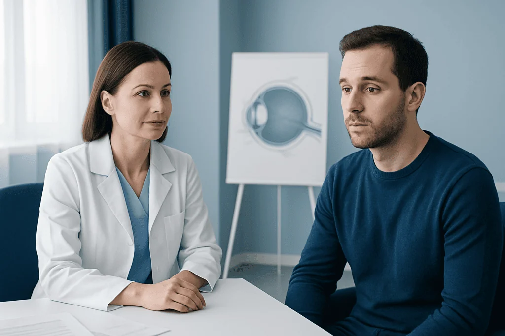Ophthalmologist consulting a patient about eye health and treatment options.