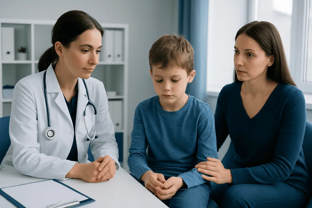 Pediatric consultation with doctor, mother, and child in a medical office.