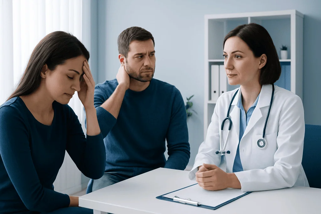Doctor consulting with patients about headache symptoms in a clinic setting.