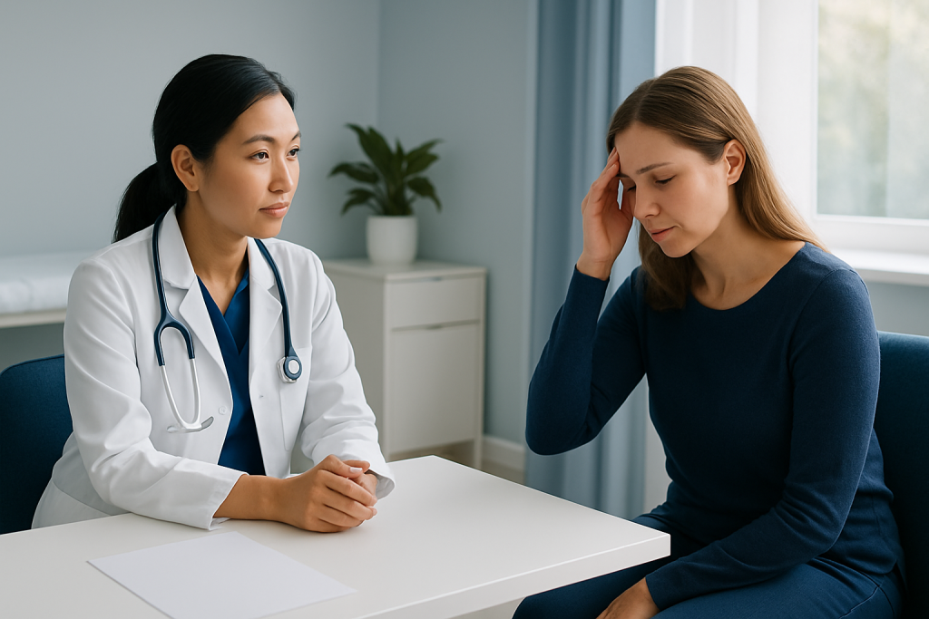 Doctor consulting with a patient experiencing headache symptoms in a clinic.