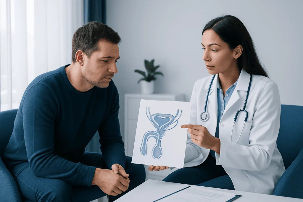 Urologist explaining male reproductive system to patient in consultation room.