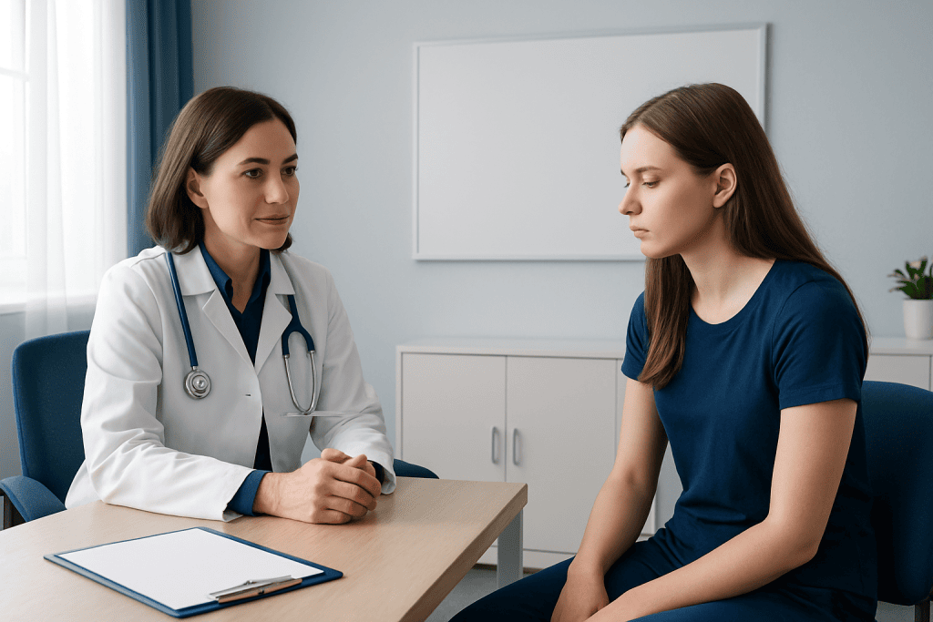 Doctor consulting with a young female patient in a medical office.