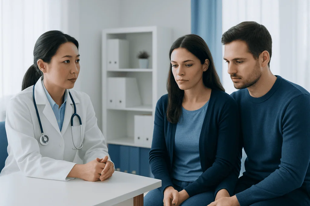 Doctor consulting with a woman and her partner about female infertility symptoms.