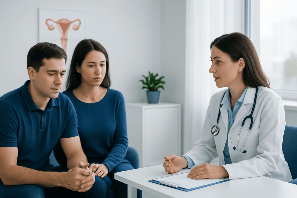 Doctor consulting with a couple about fertility issues in a clinic setting.