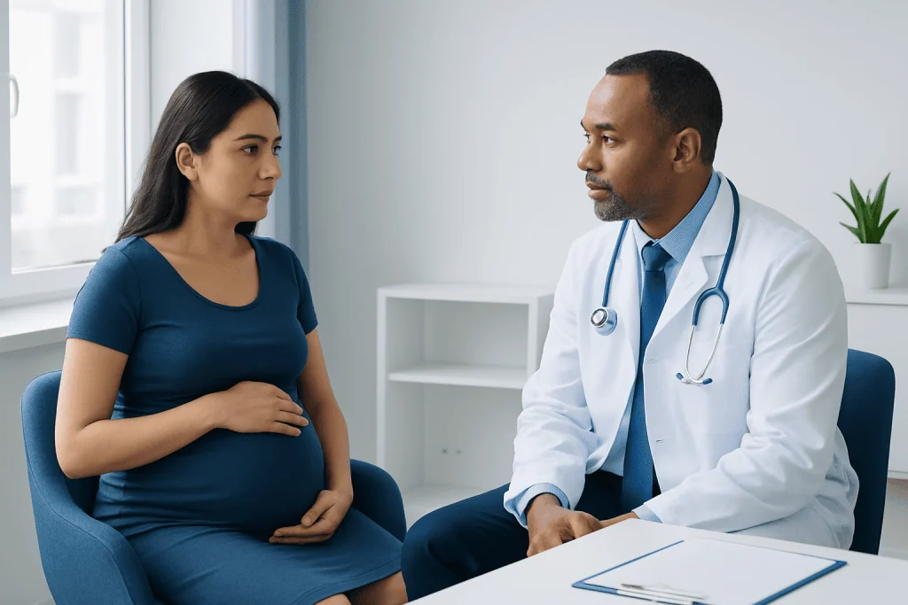 Pregnant woman consulting with a doctor in a hospital setting.