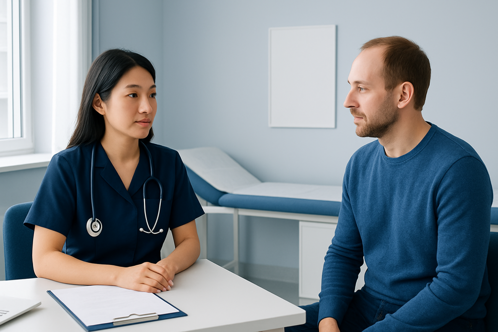 Doctor consulting patient in a medical office setting.