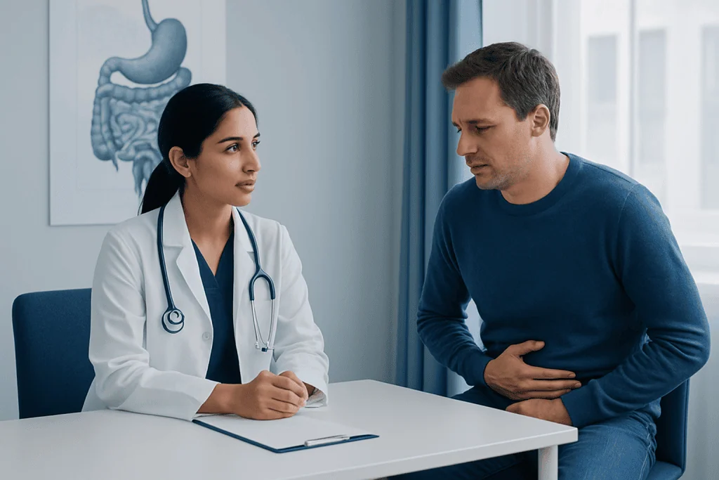 Doctor consulting with a patient about gastrointestinal symptoms.