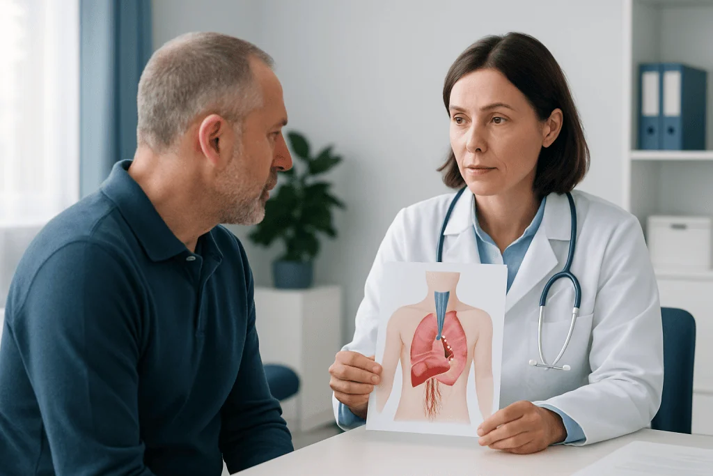 Doctor explaining esophageal varices to patient with diagram.