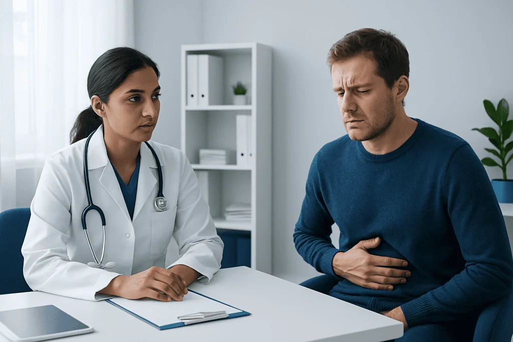 Doctor examining a patient with stomach pain in a clinic setting.