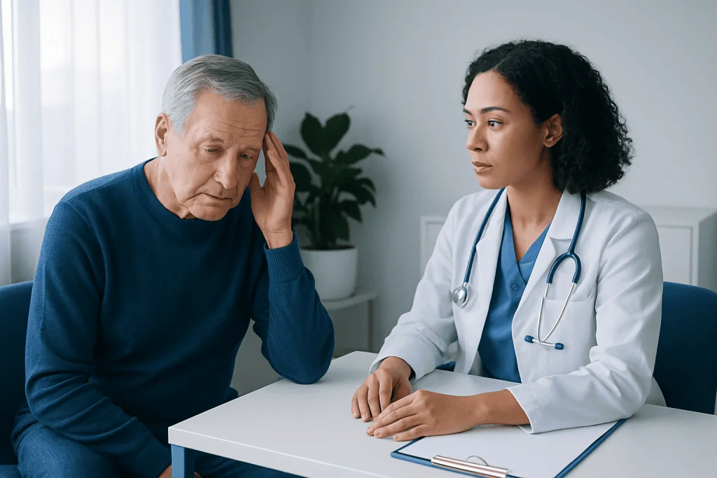Older man consulting with a doctor about memory issues in a clinic setting.