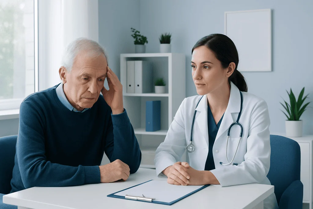 Doctor consulting with elderly patient about memory issues in a clinical setting.