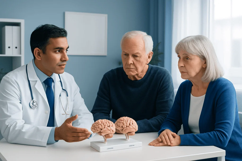 Doctor explaining brain health to elderly couple in a clinic setting.