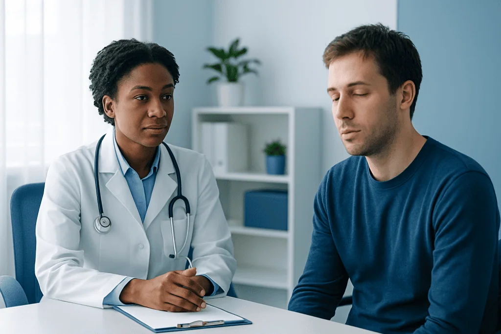 Doctor consulting patient about sleep issues in a clinical setting.